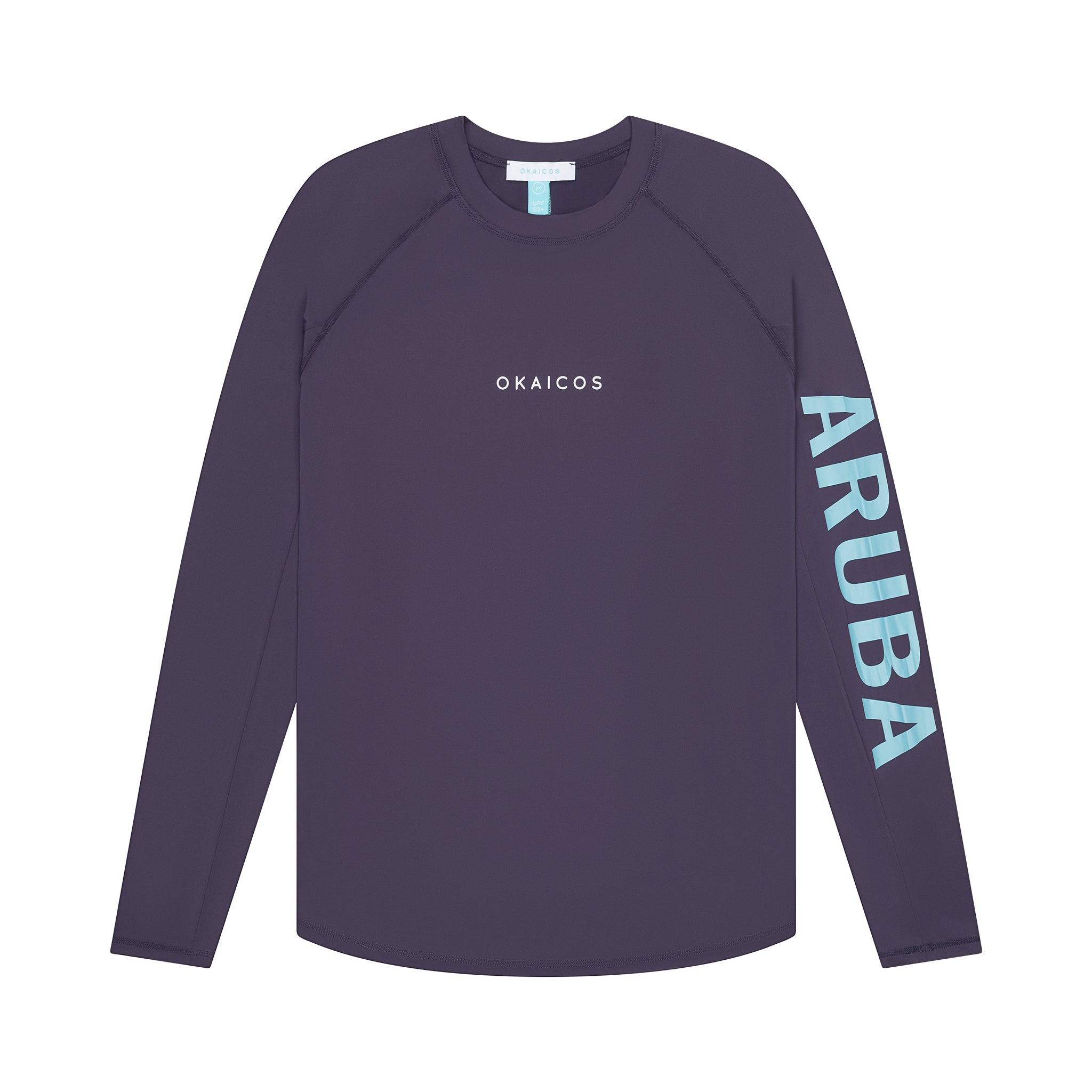 Navy long-sleeve shirt with 'OKAICOS' branding and 'ARUBA' text on a white background