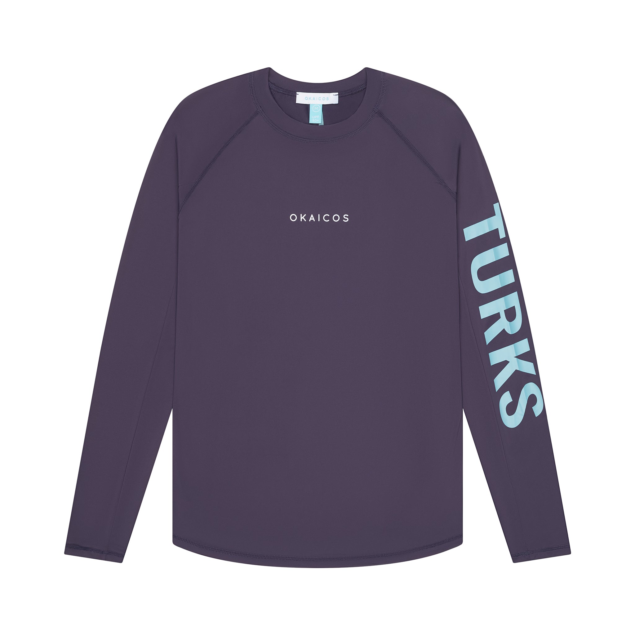 Navy long-sleeve shirt with 'OKAICOS' branding on a white background