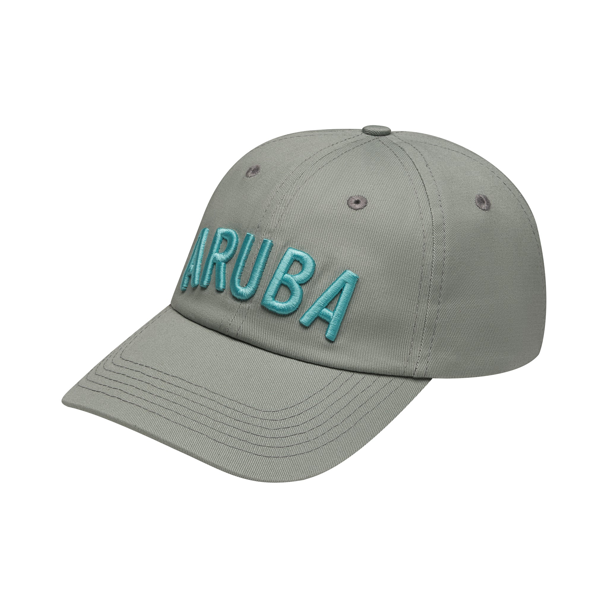 Olive cap with 'AIRUBA' embroidered in teal on a white background