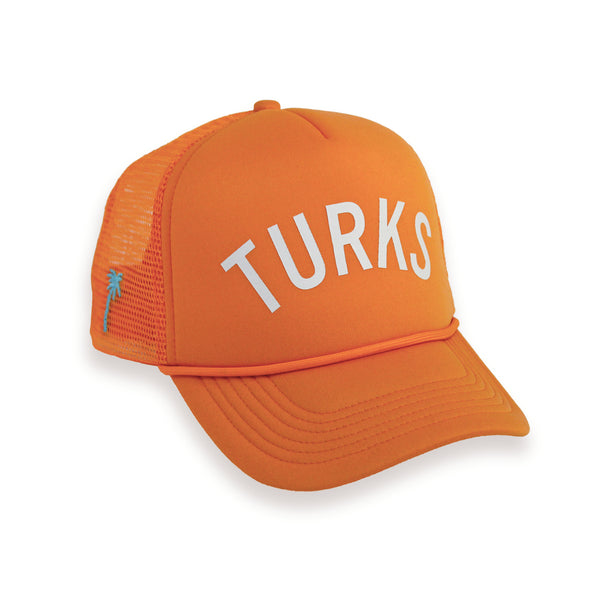 OKAICOS-Orange Turks and Caicos Trucker Hat Turks White Print Front View