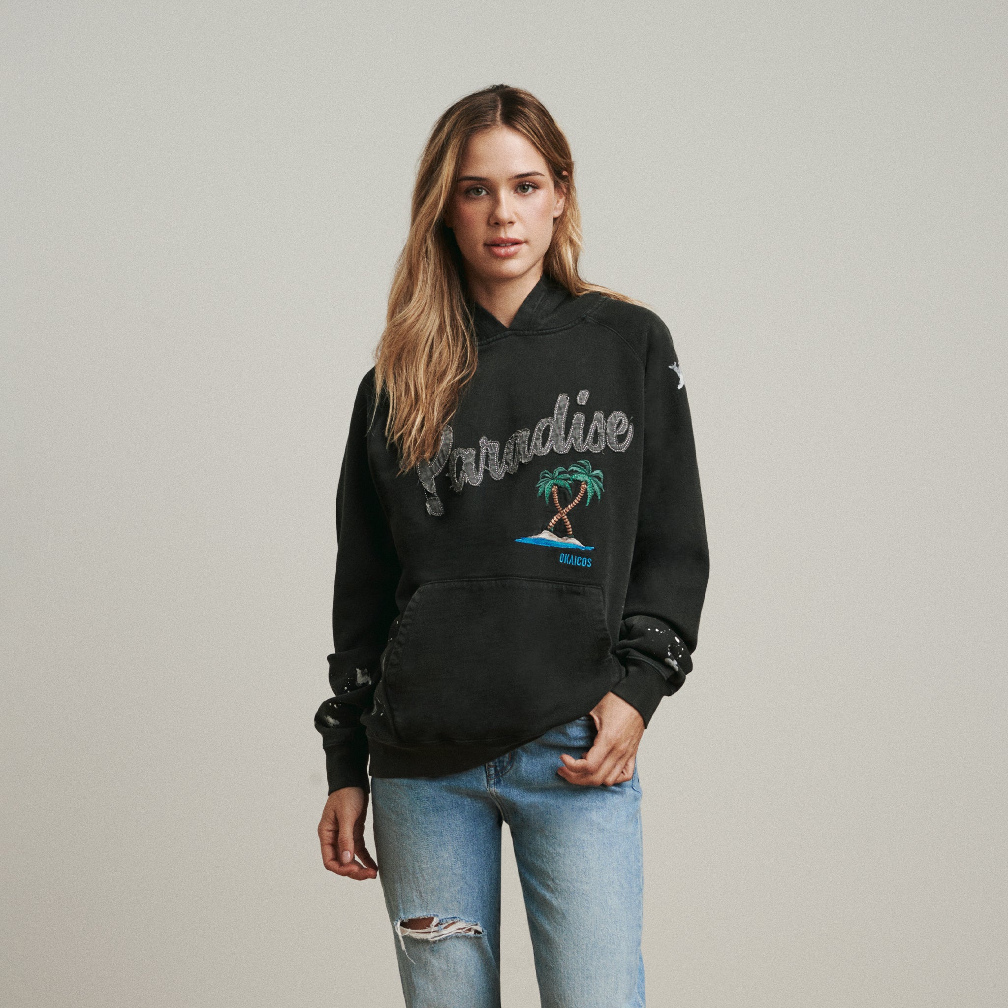 OKAICOS Paradise Raglan Hoodie Distressed With Jeans