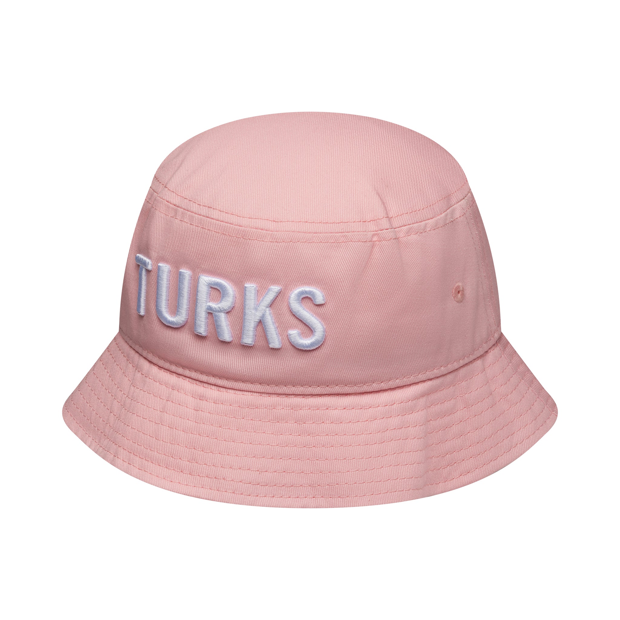 Pink bucket hat with 'TURKS' text on a white background