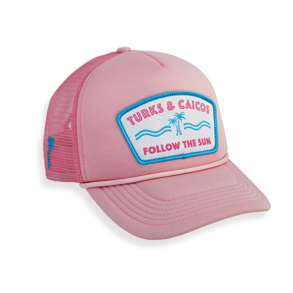 OKAICOS Pink Turks and Caicos Follow The Sun Trucker Hat Turks Front View