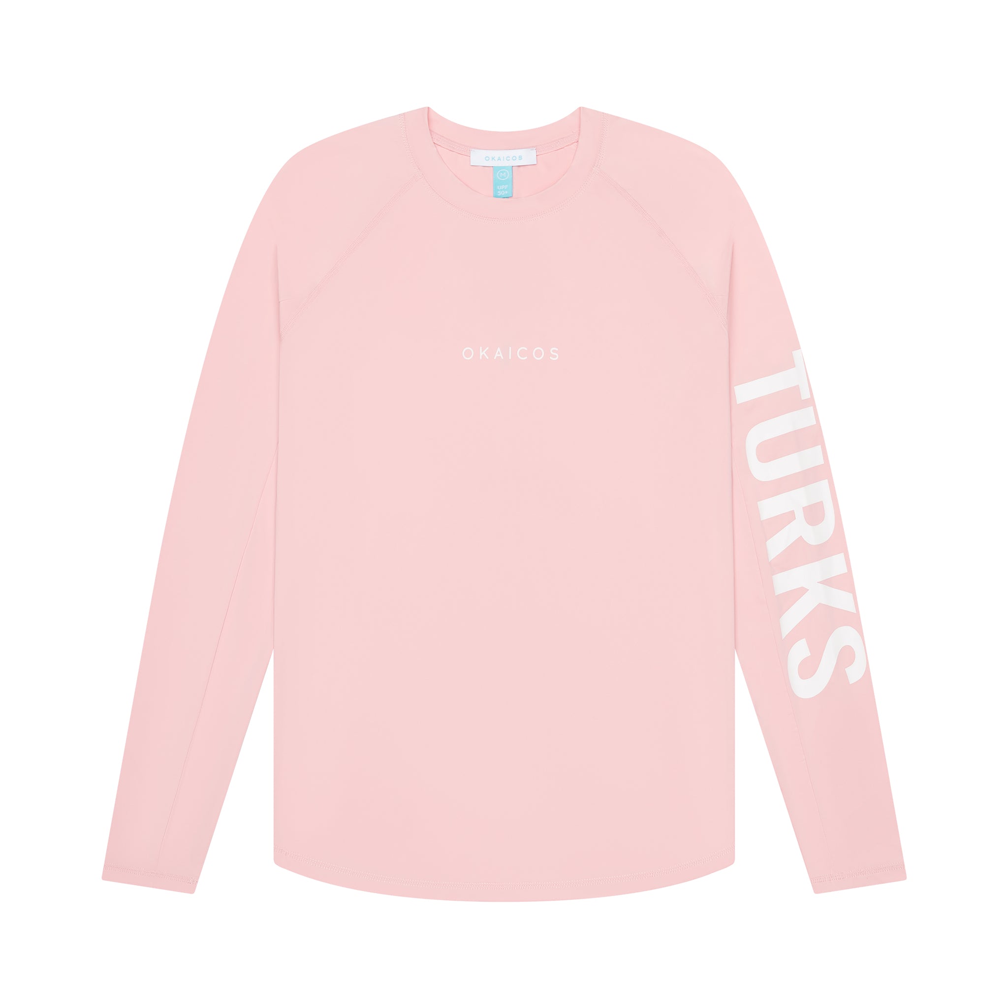 Pink long-sleeve shirt with 'TURKS' printed on sleeve against a white background