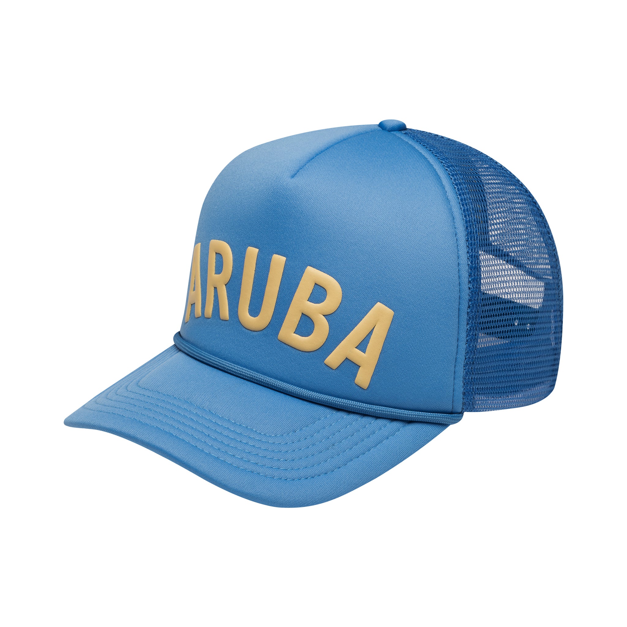 OKAICOS Royal Blue Aruba Trucker Hat Turks White Print Front View