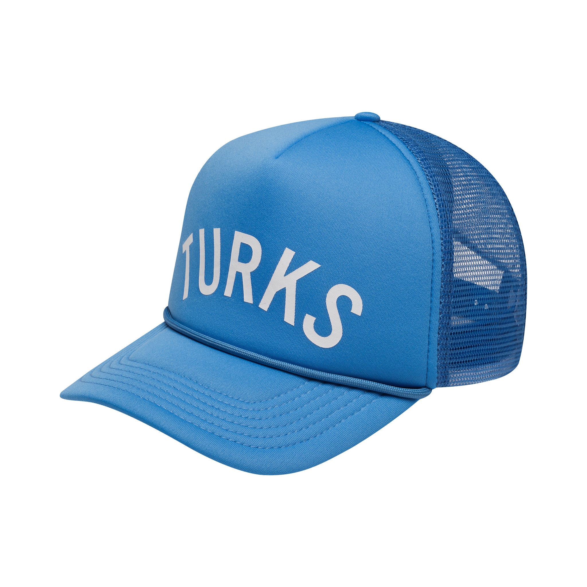 Blue cap with 'TURKS' text on a white background