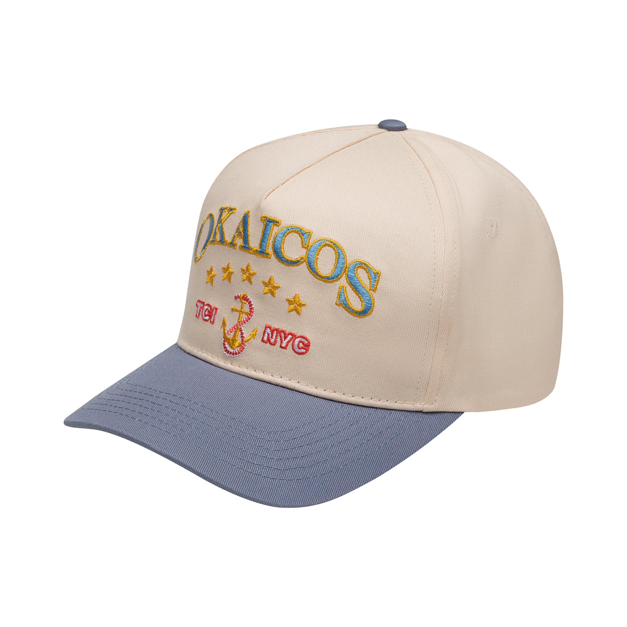 Beige and gray cap with embroidered text and design on a white background