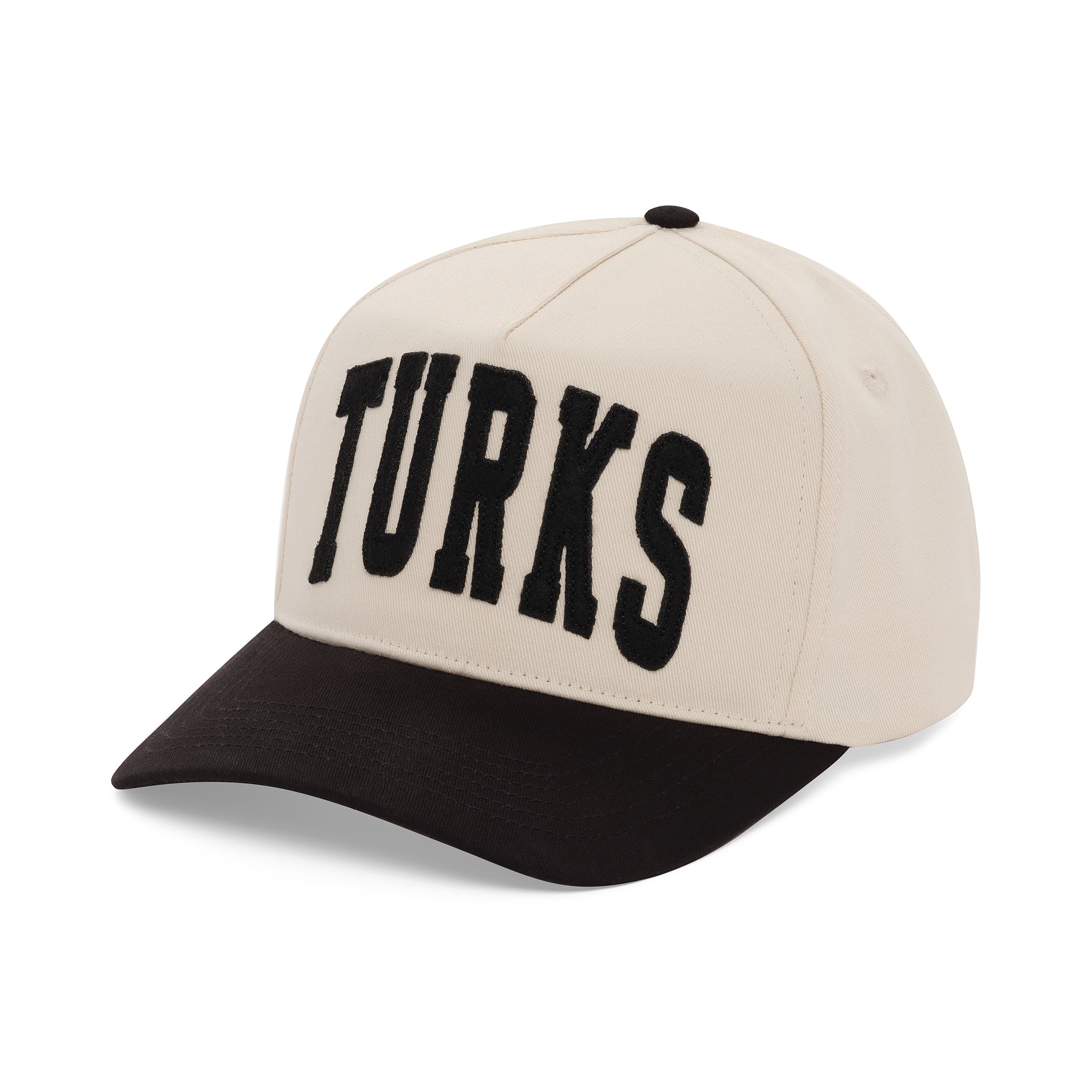 Beige and black cap with 'TURKS' text on a white background