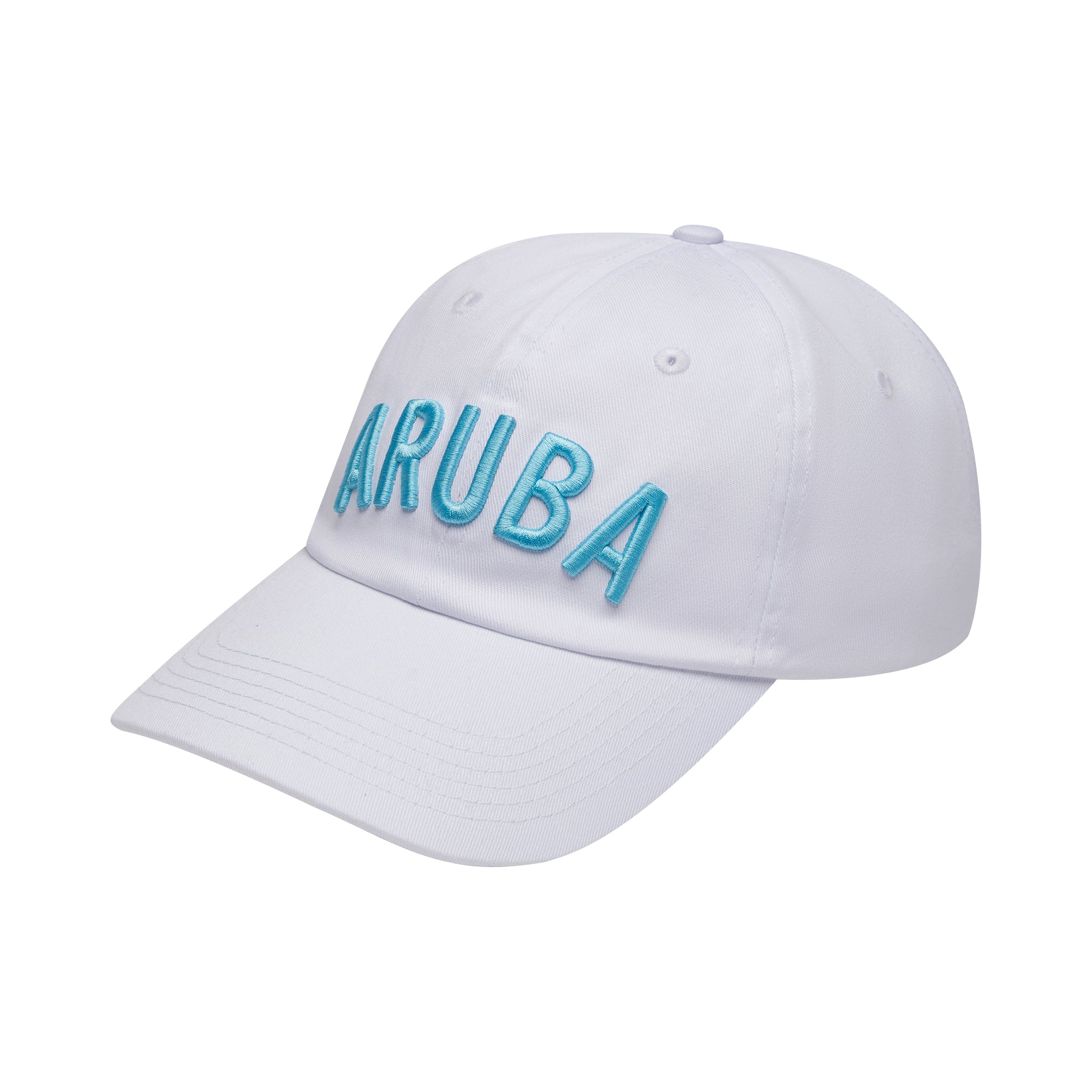 White cap with 'ARUBA' embroidered in blue on a white background