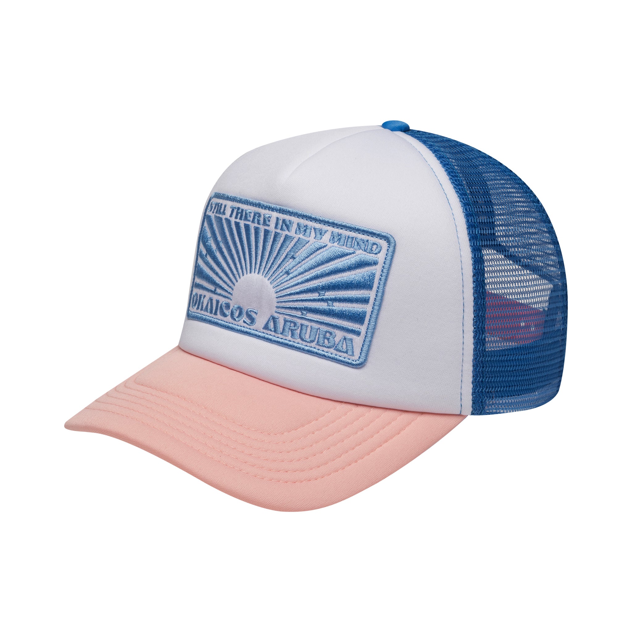 Trucker hat with pink bill and blue mesh, featuring a logo on a white background