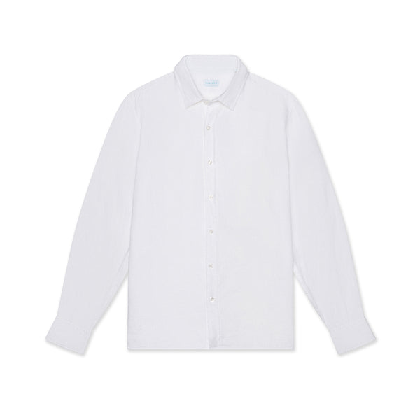 OKAICOS White Linen Button Down Shirt Unisex Front
