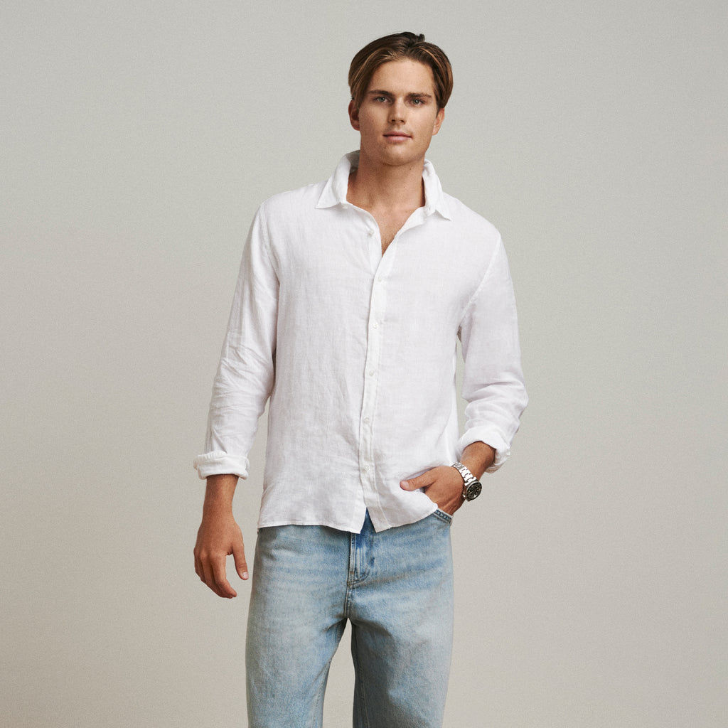 OKAICOS White Linen Button Down Shirt Unisex