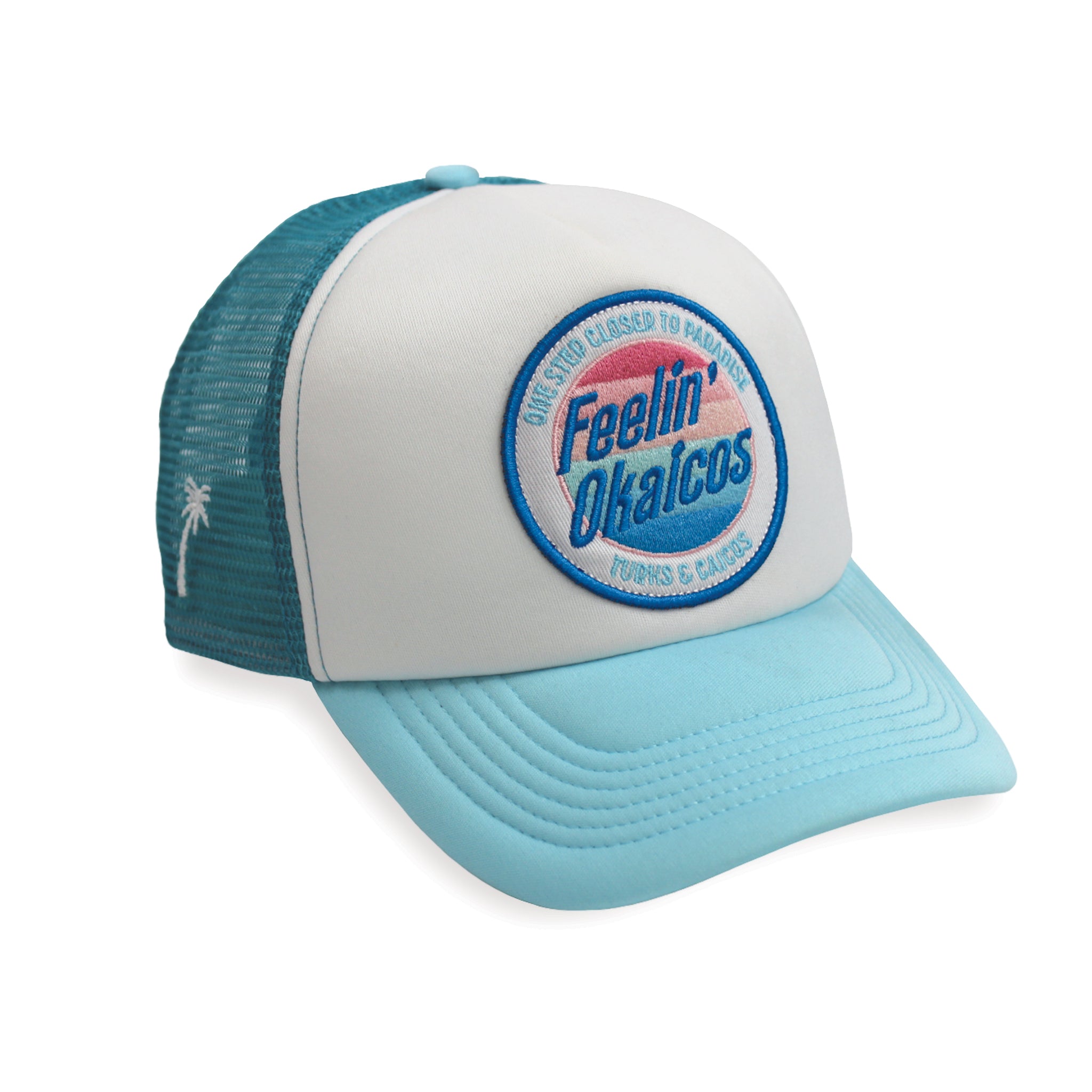 OKAICOS White Teal Patch Feelin OKAICOS Trucker Hat Turks and Caicos Front