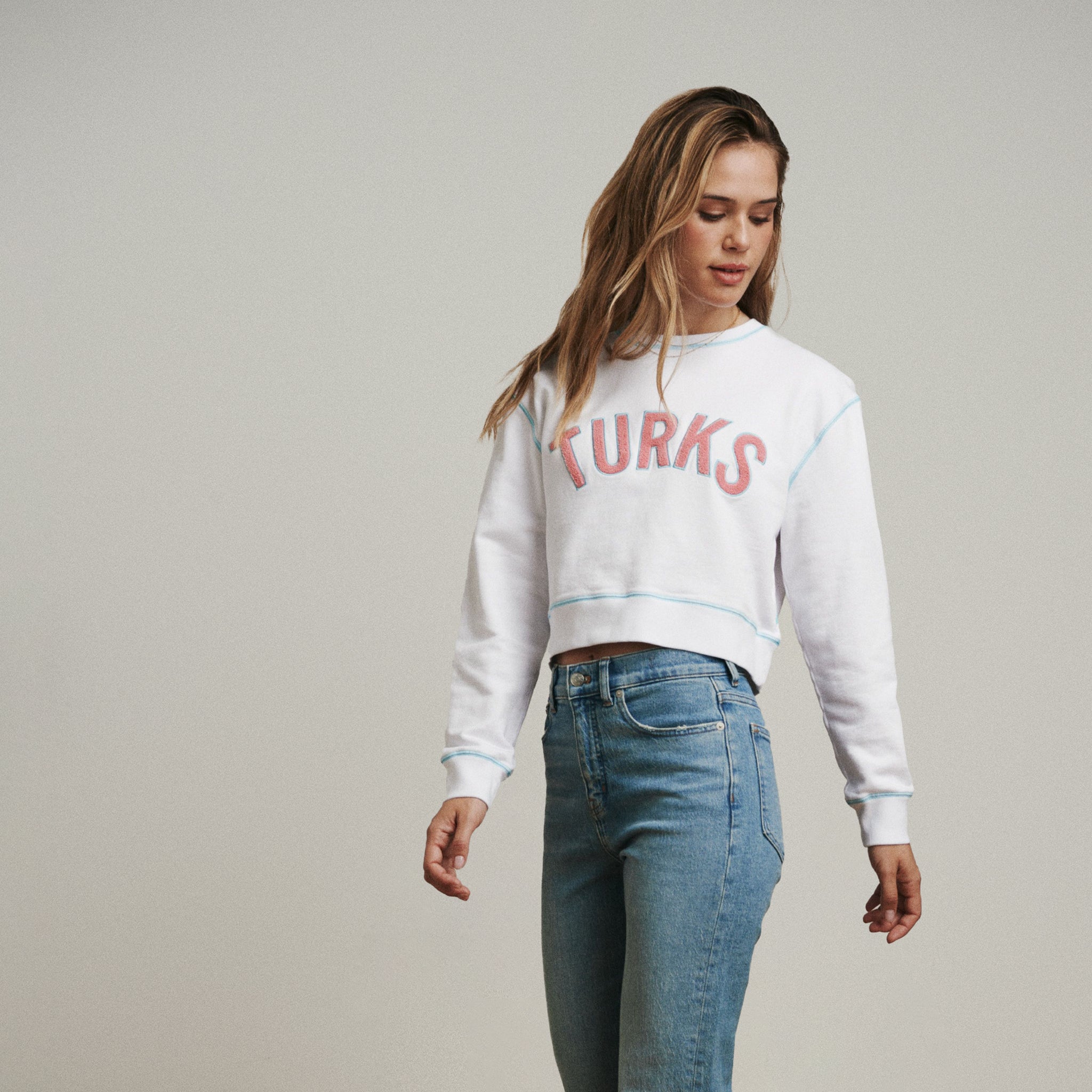 OKAICOS Denim Blue Embroidered Crop Top Cotton Sweatshirt