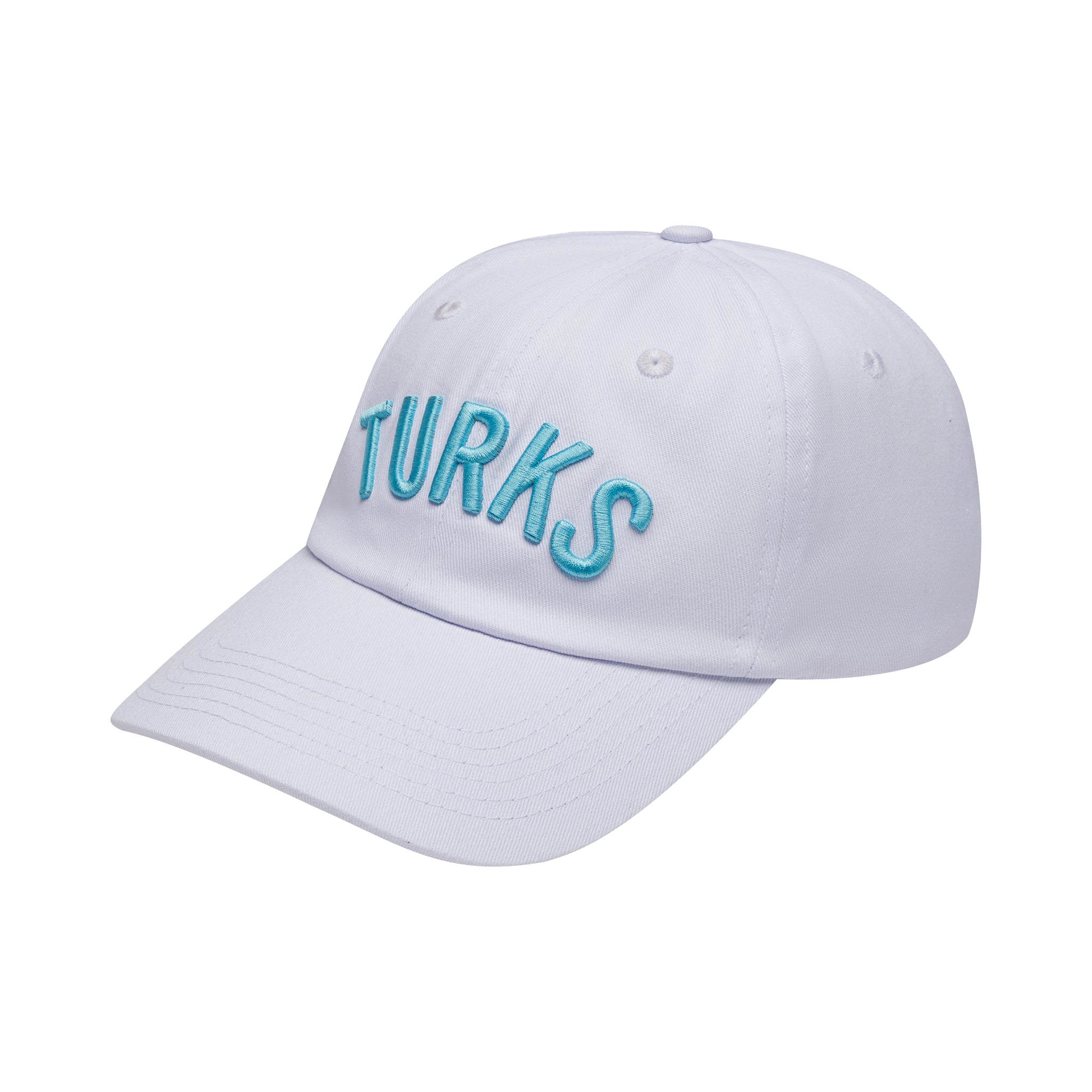 White cap with 'TURKS' embroidered in blue on a white background