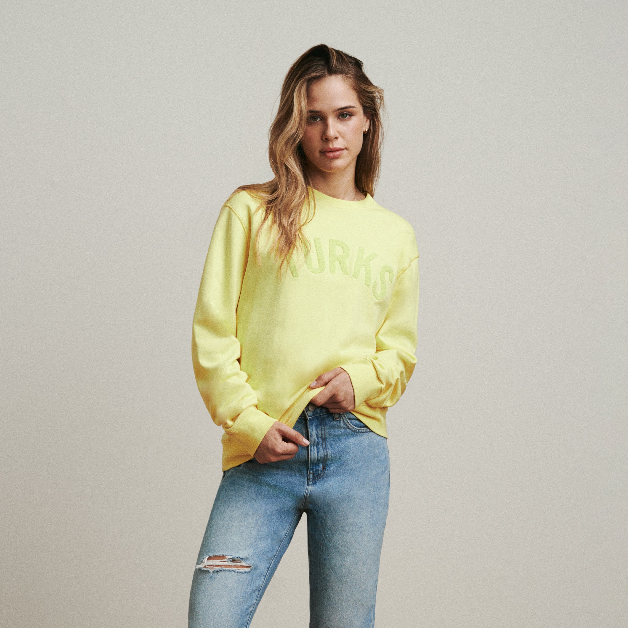 OKAICOS Yellow Turks Chenille Embroidered Crewneck Cotton Sweatshirt Turks And Caicos Front