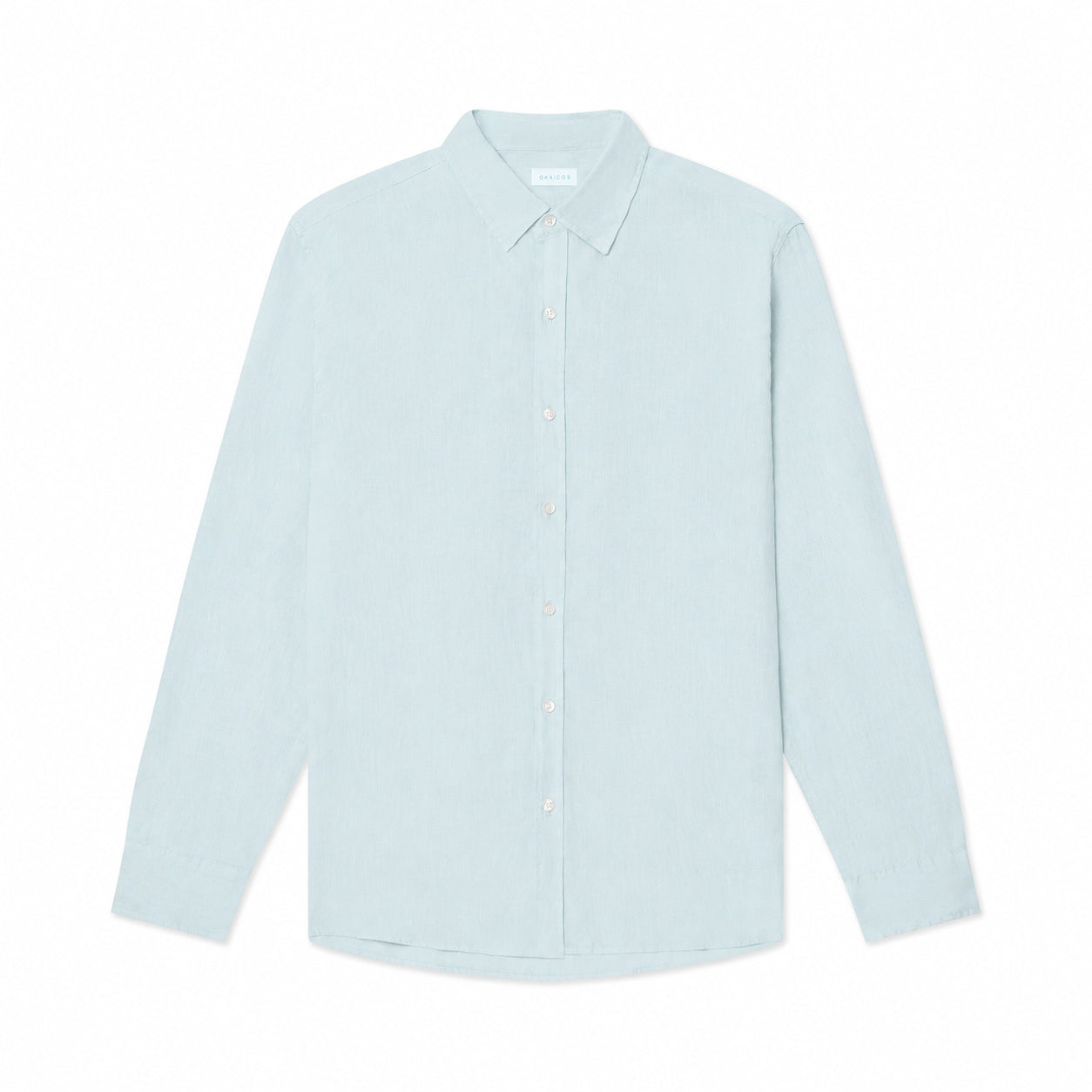 A light blue long-sleeve button-up shirt with a classic collar, laid flat against a solid white background.