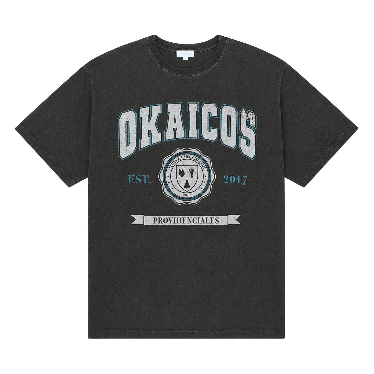 A short sleeve cotton Okaicos Black University TShirt Turks and Caicos on white back drop 