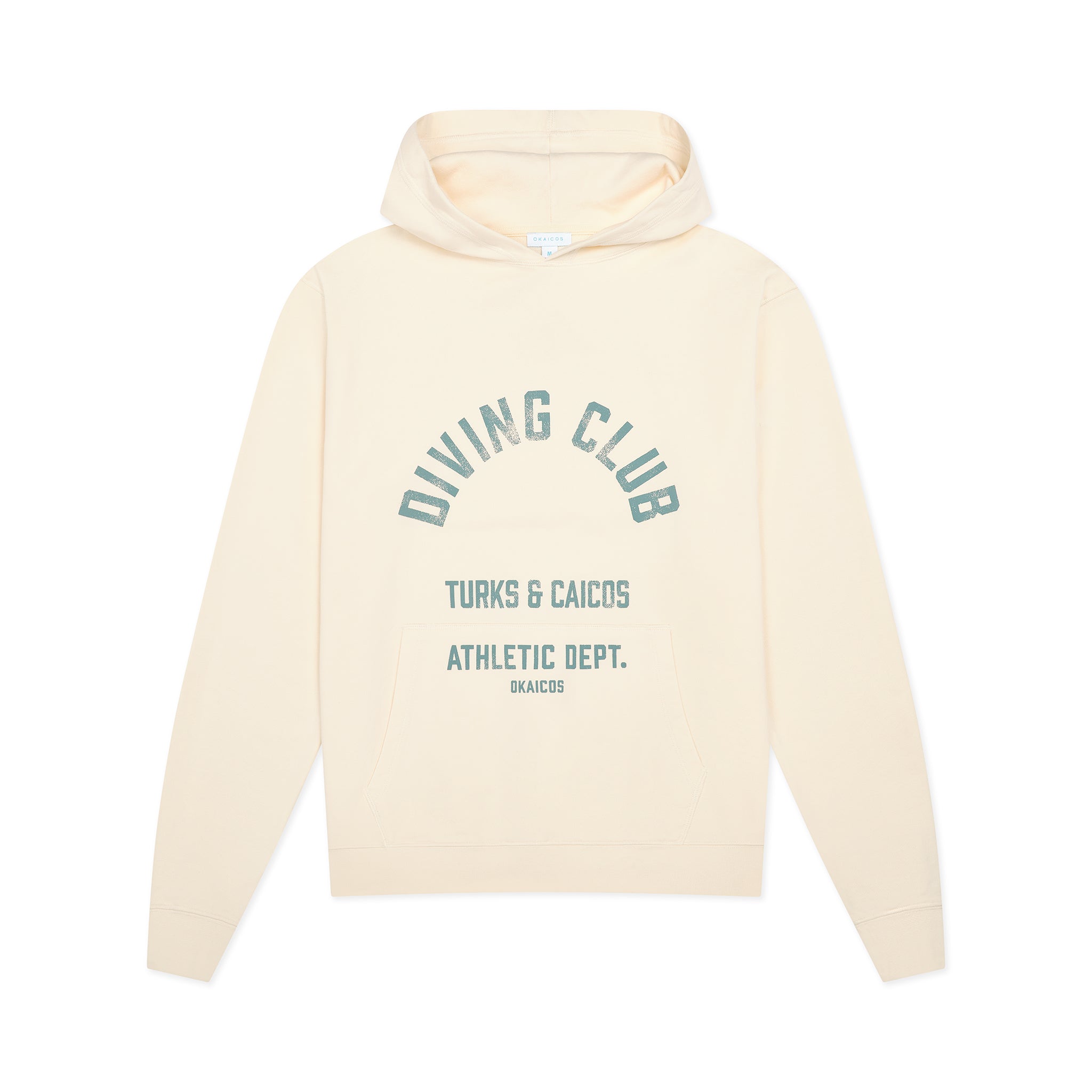 Beige hoodie with text on a white background