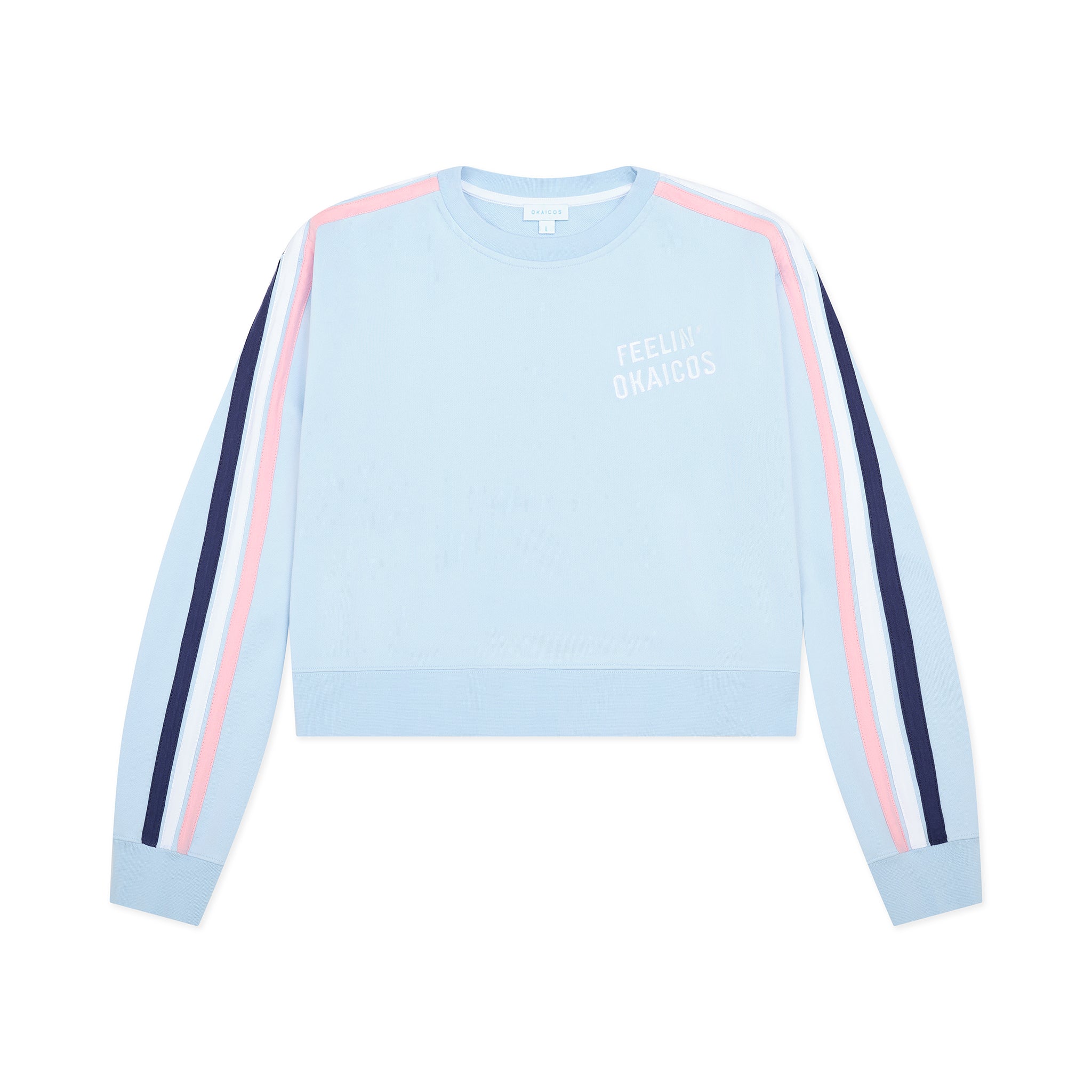 Light blue sweatshirt with pink and navy side stripes on a white background