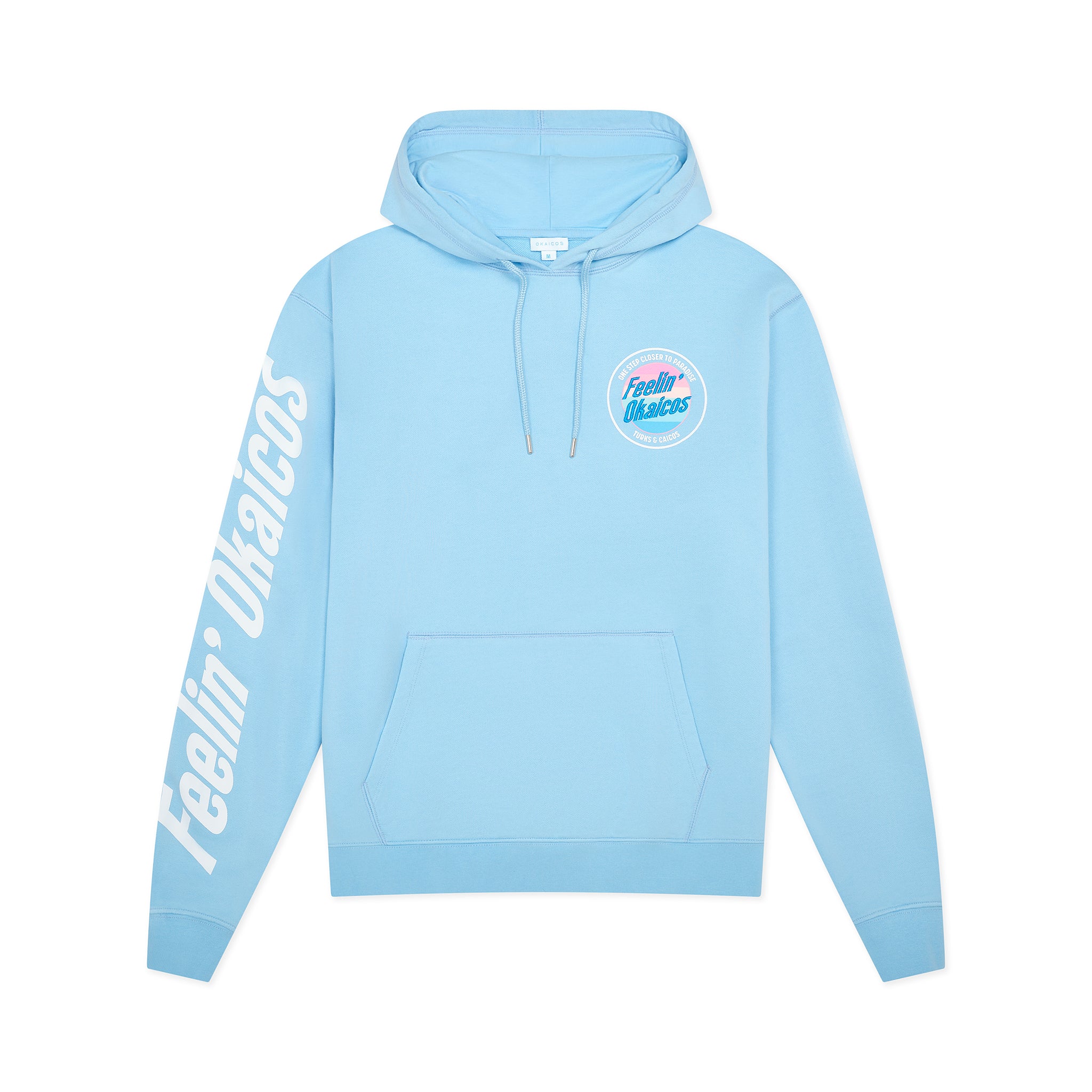 Light blue hoodie with branding on a white background