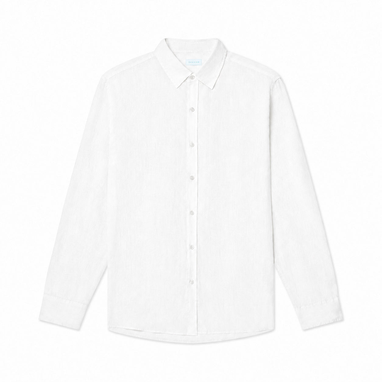 A white long-sleeve button-up shirt with a classic collar, laid flat against a clean white background.