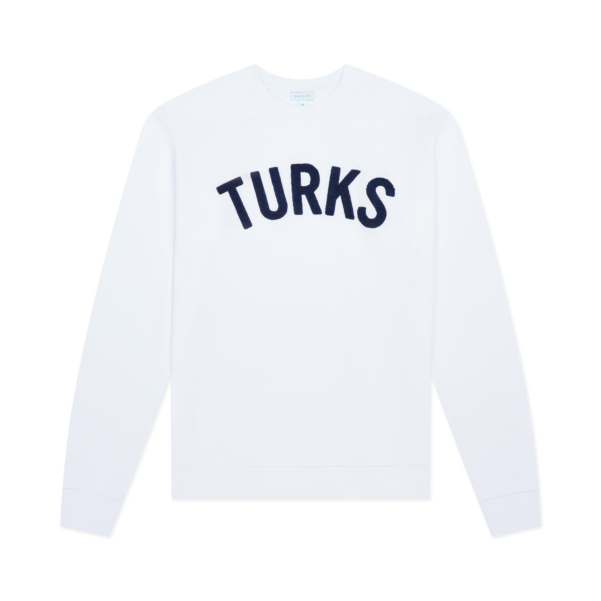 White sweatshirt with 'TURKS' printed on the chest against a white background