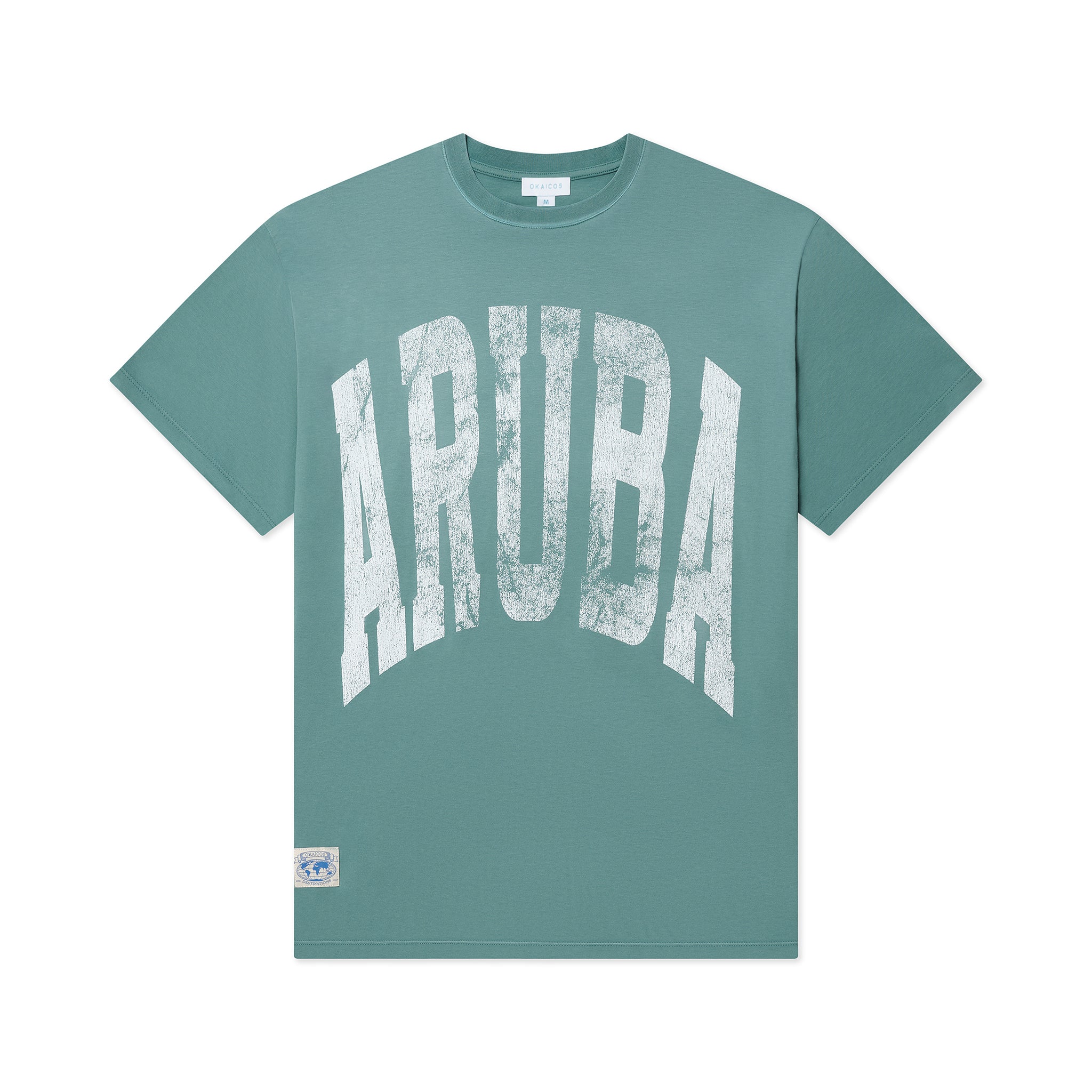 Teal t-shirt with 'ARUBA' print on a white background