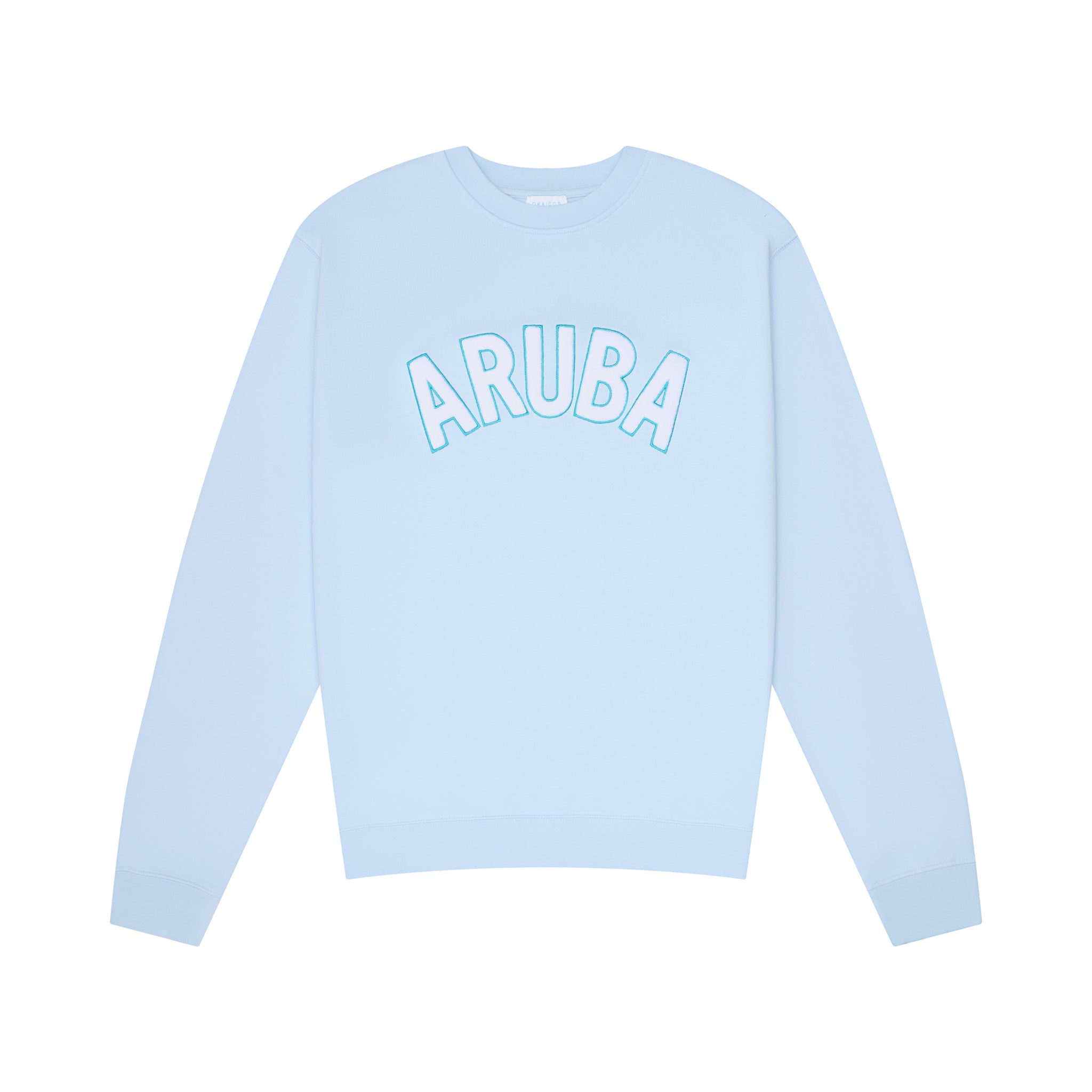 Okaicos Baby Blue Aruba Chenille Embroidered Crewneck Cotton Sweatshirt Front