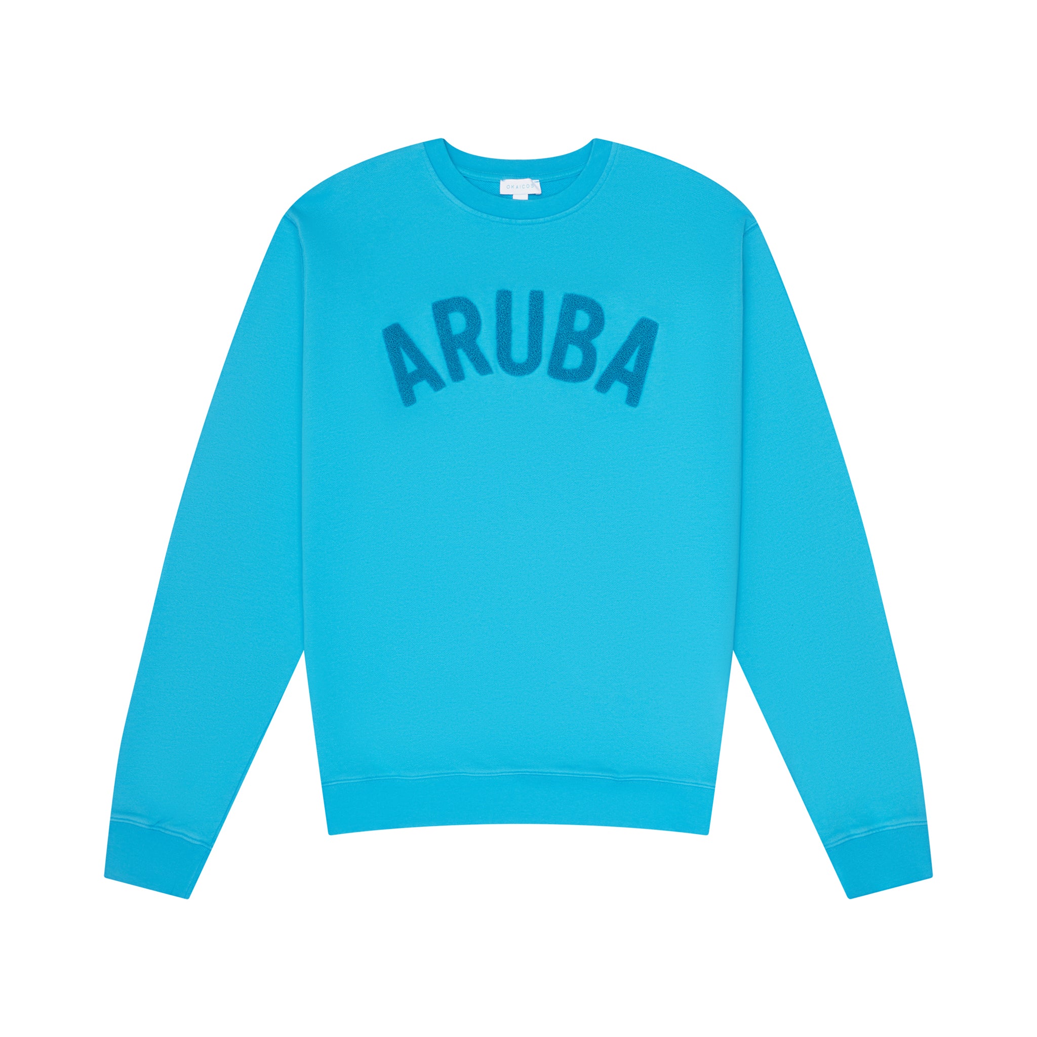 Blue sweatshirt with 'ARUBA' text on a white background