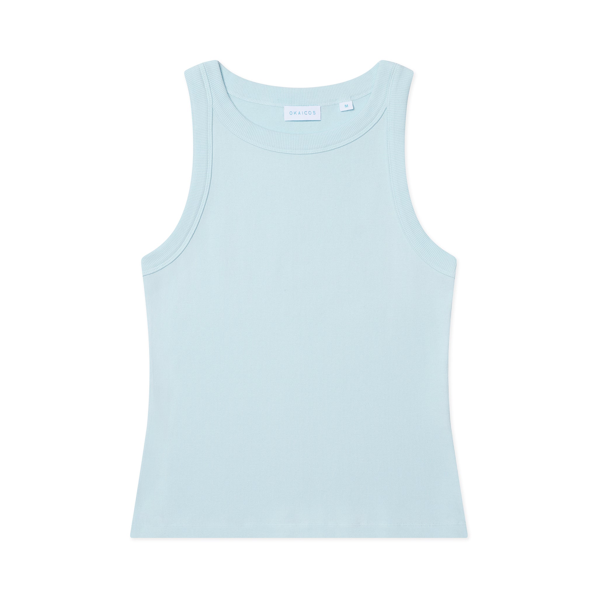 A light blue sleeveless tank top laid flat against a solid white background.