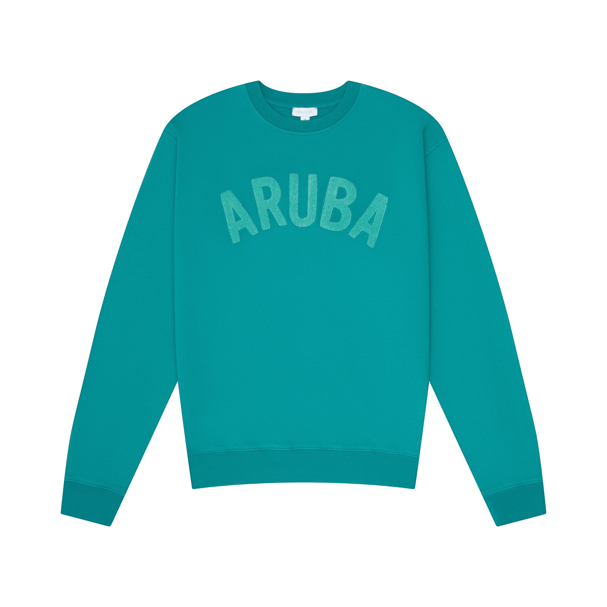 Teal green sweatshirt with 'ARUBA' text on a white background