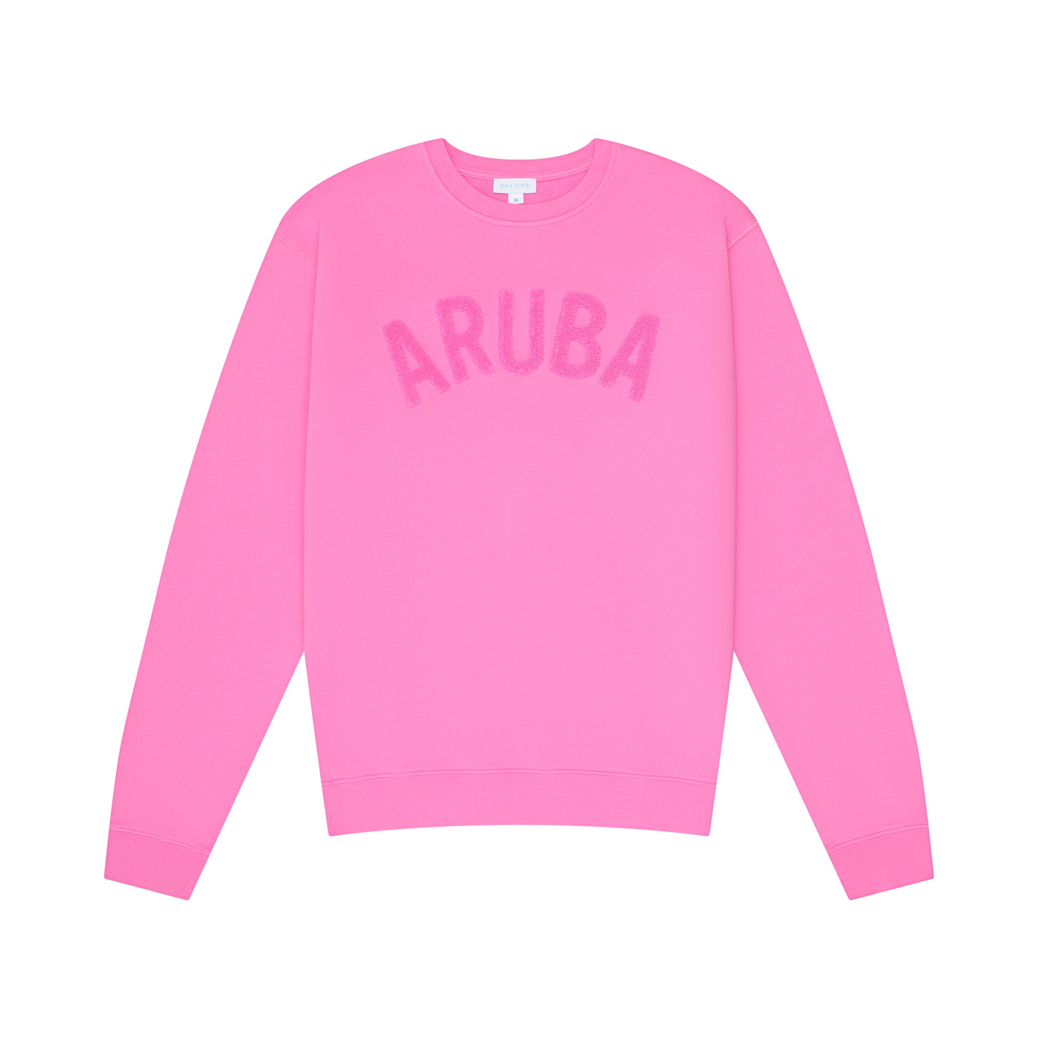Okaicos Pink Aruba Chenille Embroidered Crewneck Cotton Sweatshirt Front