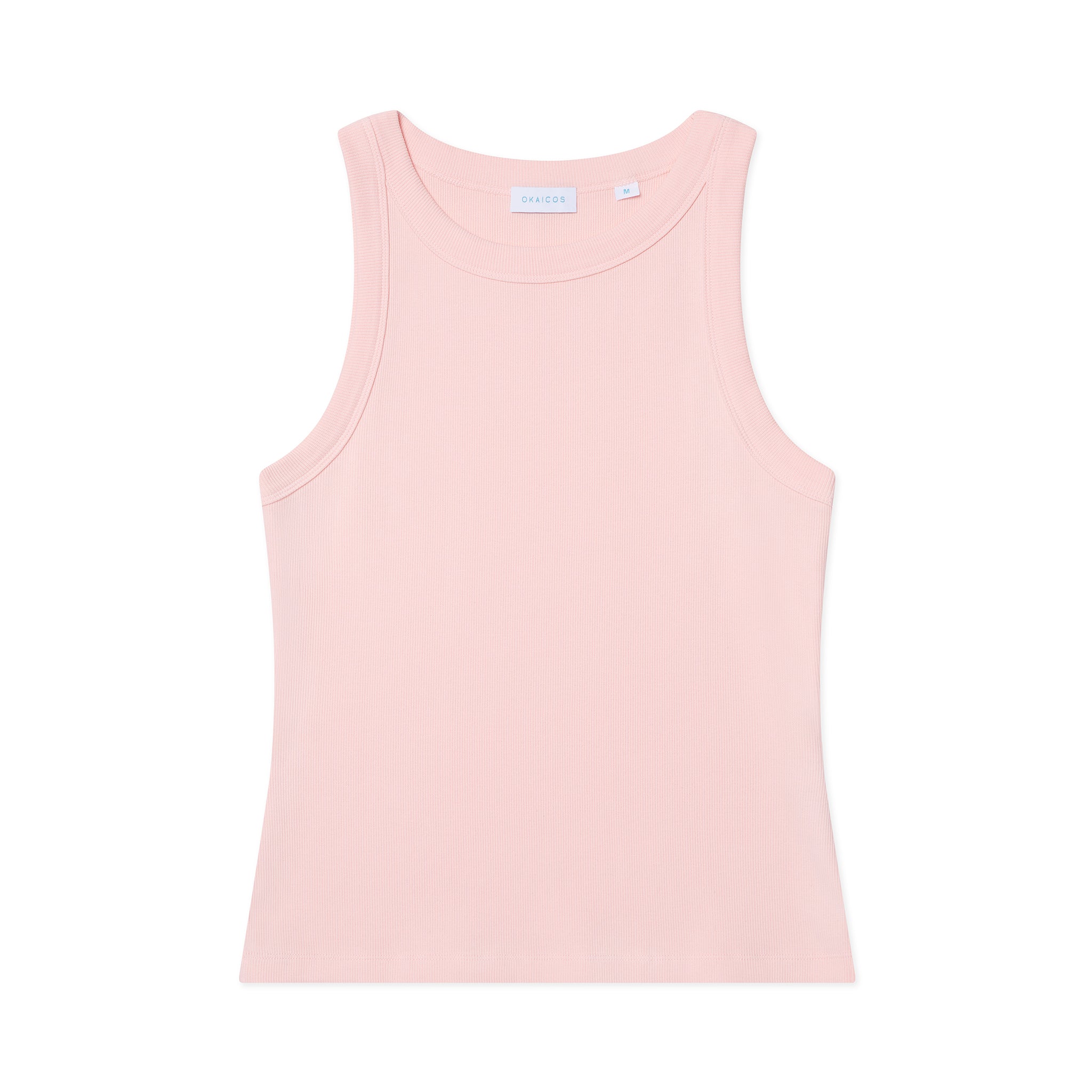 A light pink sleeveless tank top laid flat against a solid white background.