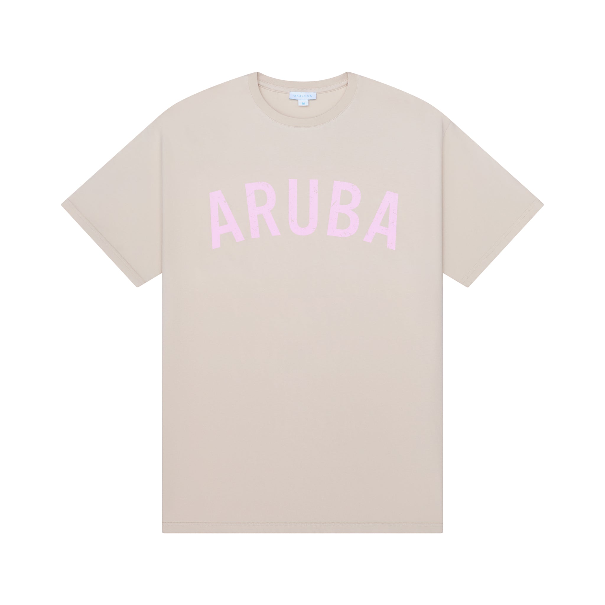 Beige t-shirt with 'ARUBA' printed in pink on a white background