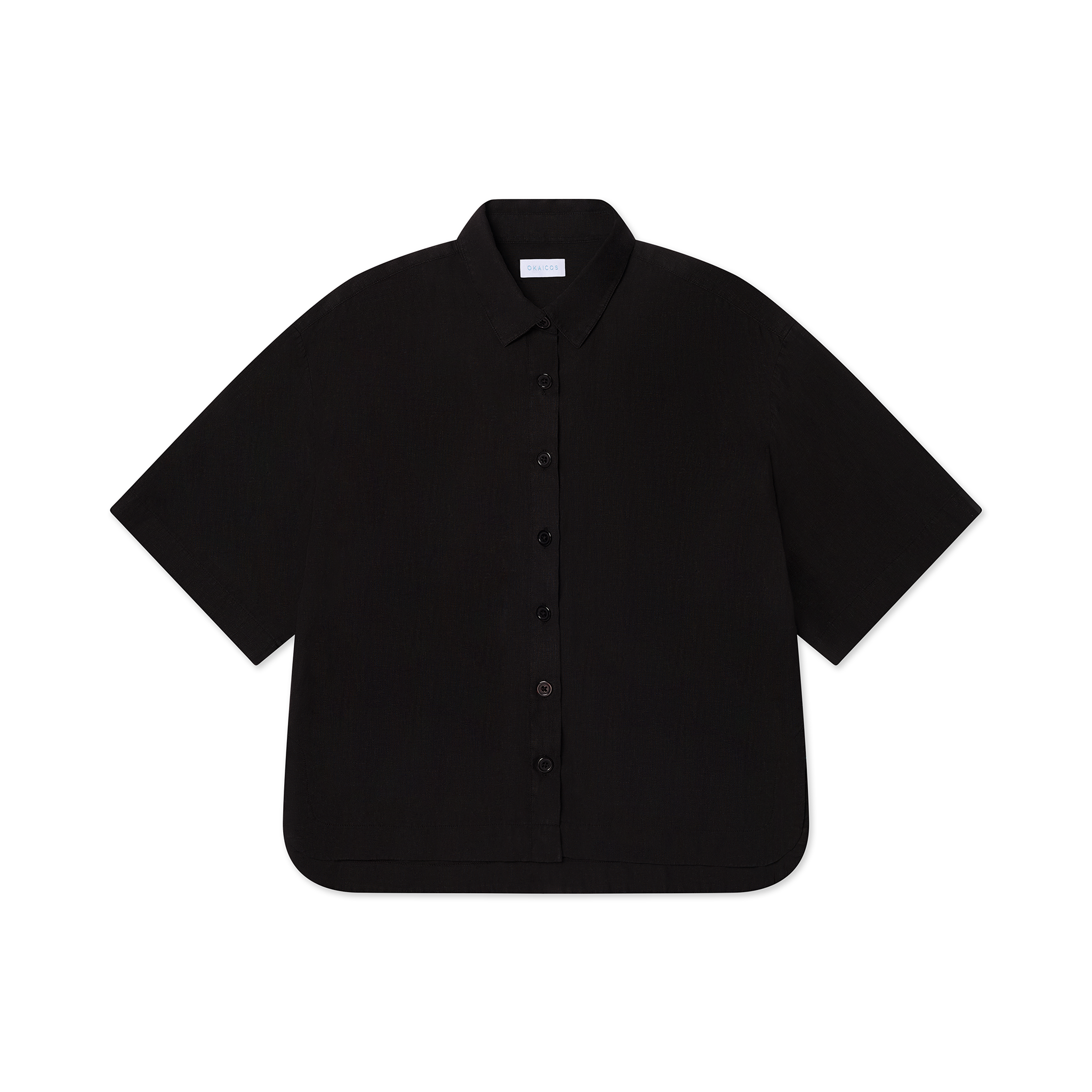 okaicos black linen womens shirt button down front flatlay