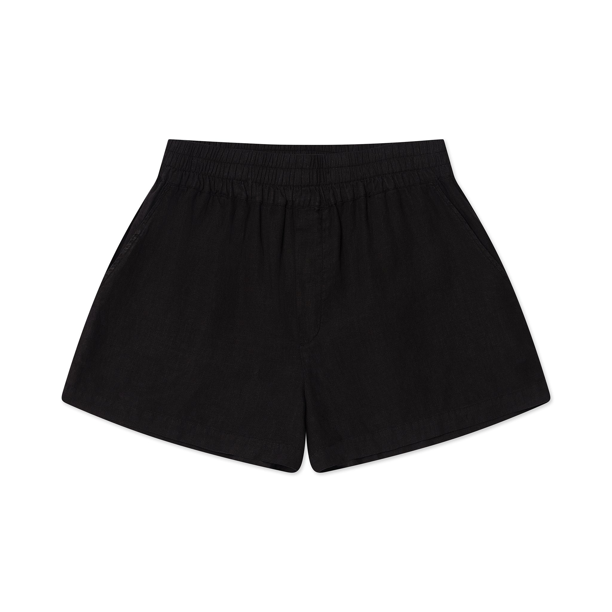 okaicos black linen womens short front flatlay