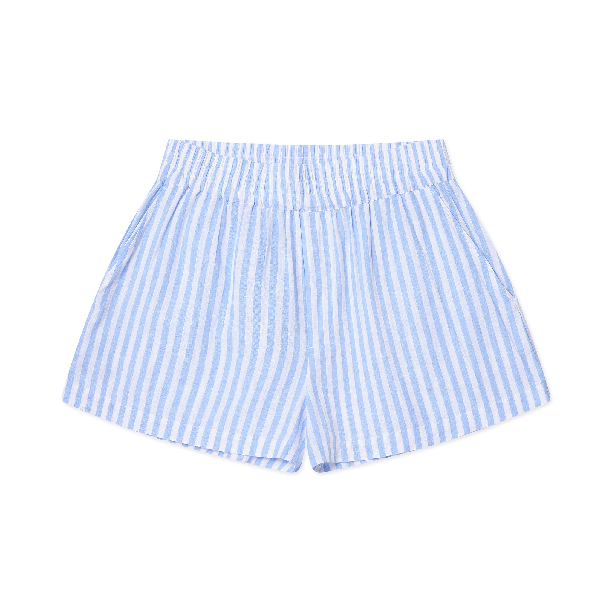 okaicos blue white stripe linen womens short front flatlay