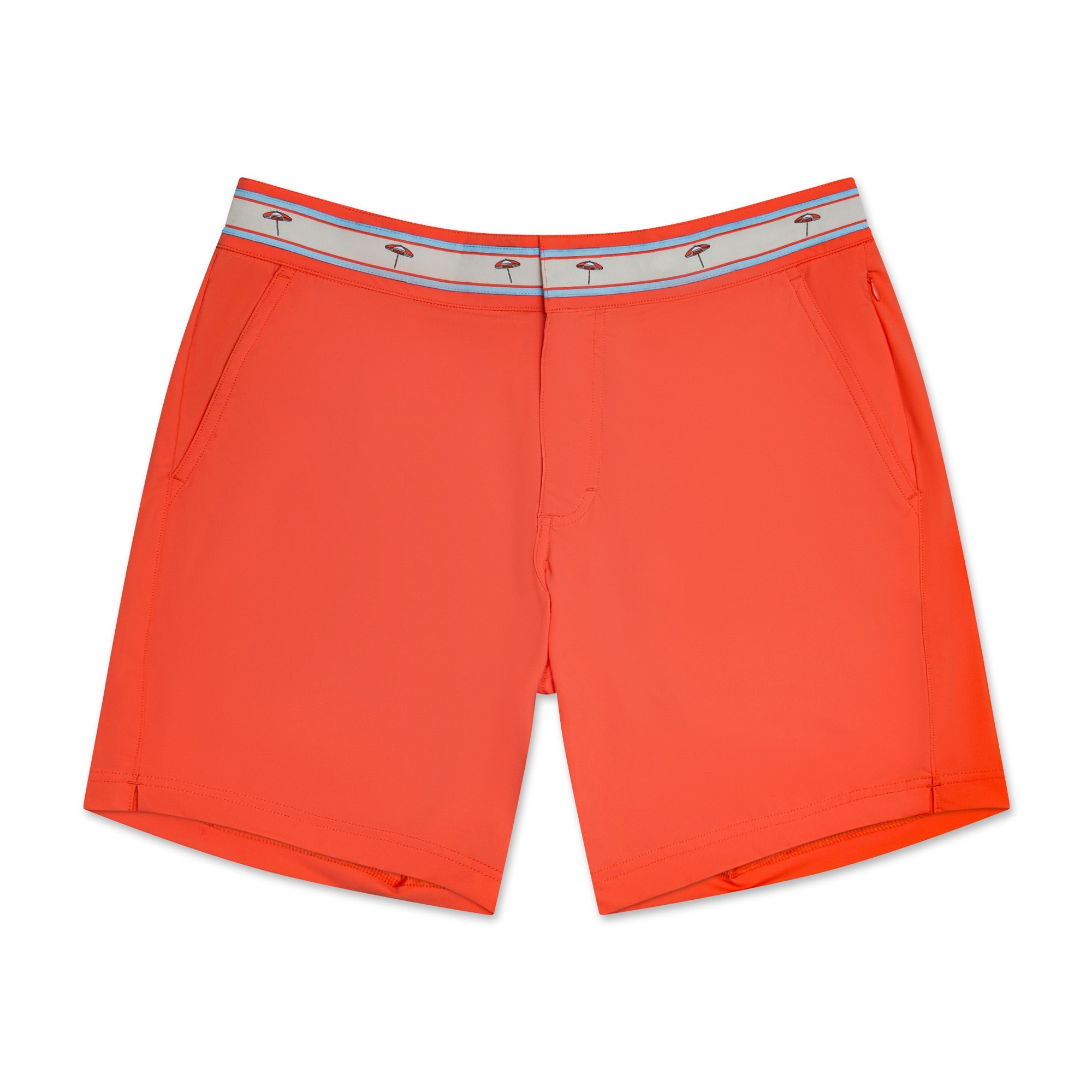 OKAICOS Coral Turks & Caicos Umbrella Athletic Mens Swim Trunk Board Short Flat Lay