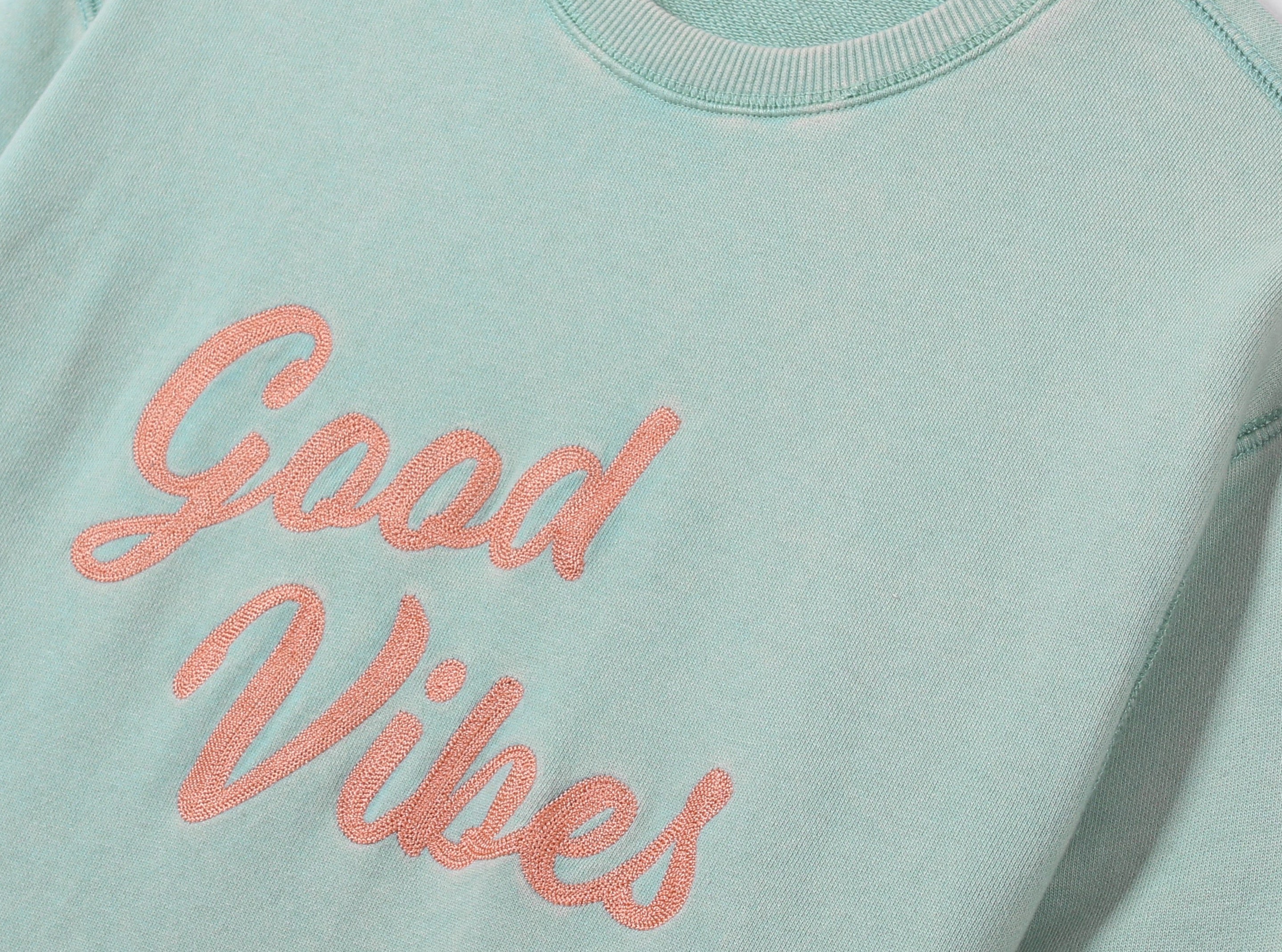 Green Chain Stitch Embroidered Crewneck Cotton Sweatshirt Embroidered Good Vibes Close Up