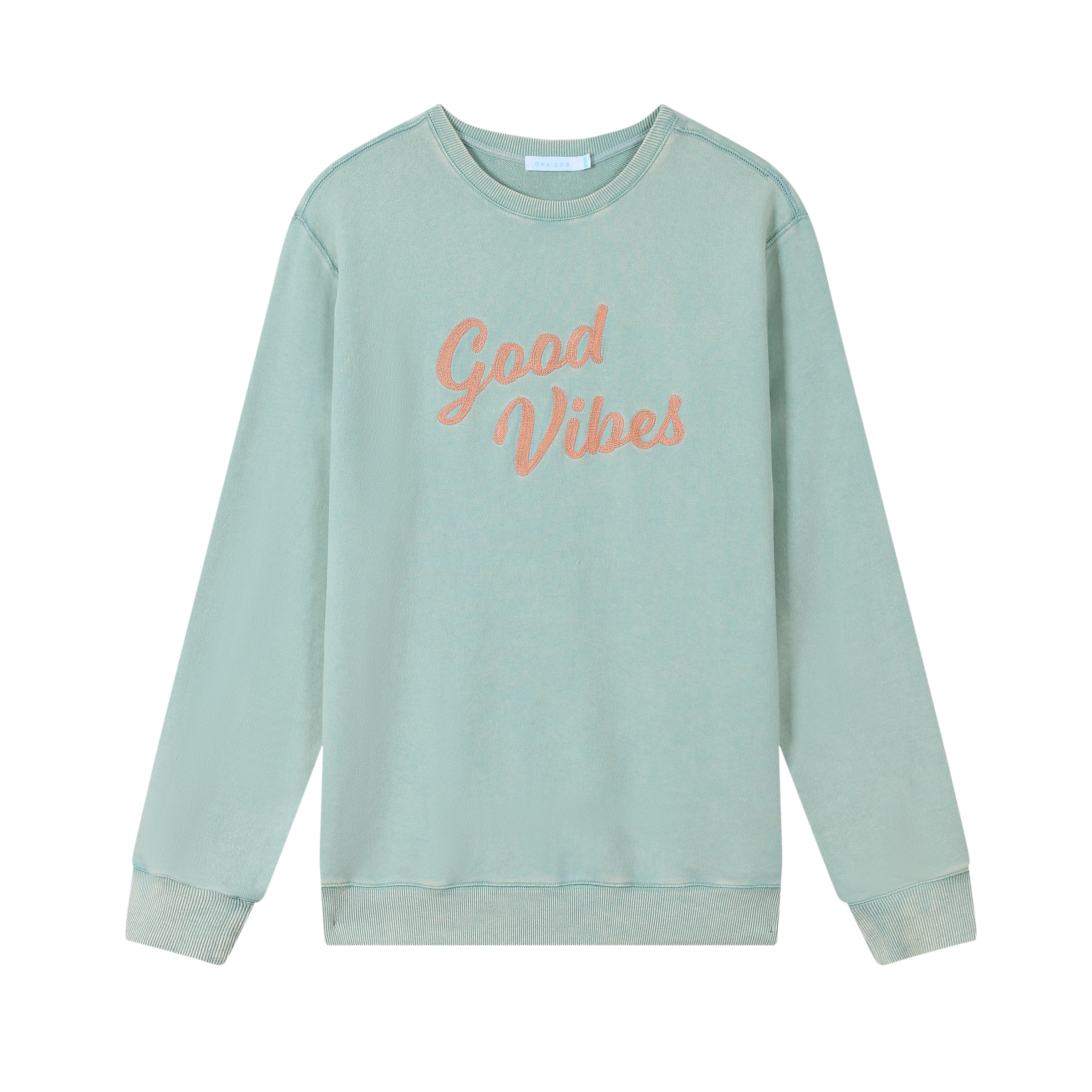 Green Chain Stitch Embroidered Crewneck Cotton Sweatshirt Embroidered Good Vibes Flatlay