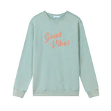 Green Chain Stitch Embroidered Crewneck Cotton Sweatshirt Embroidered Good Vibes Flatlay
