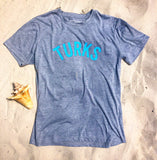 OKAICOS Grey Cotton TShirt Teal Turks Vintage Print Front In Sand