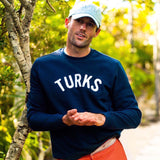 Navy Blue Chenille Embroidered Crewneck Cotton Sweatshirt Embroidered Turks And Caicos Male Model On Model
