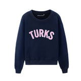 Navy Chenille Embroidered Crewneck Cotton Sweatshirt Embroidered Turks And Caicos Crop Top Flat Lay