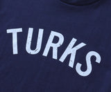 OKAICOS Navy Lightweight Breathable TShirt White Turks and Caicos Vintage Print Close Up