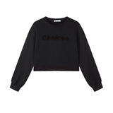 OKAICOS Black Chenille Embroidered Crop Top Cotton Sweatshirt Embroidered Turks And Caicos Flat Lay