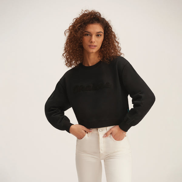 OKAICOS Black Chenille Embroidered Crop Top Cotton Sweatshirt Embroidered Turks And Caicos Front