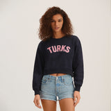 Navy Chenille Embroidered Crewneck Cotton Sweatshirt Embroidered Turks And Caicos Crop Top Front