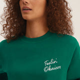 OKAICOS Green Chain Stitch Embroidered Crewneck Cotton Sweatshirt Embroidered Feelin OKAICOS Close Up